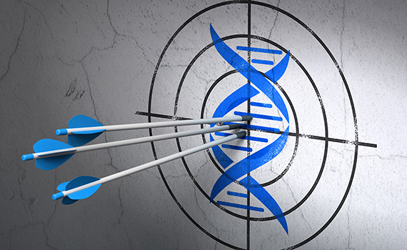 Healthcare concept: arrows in DNA target on wall background